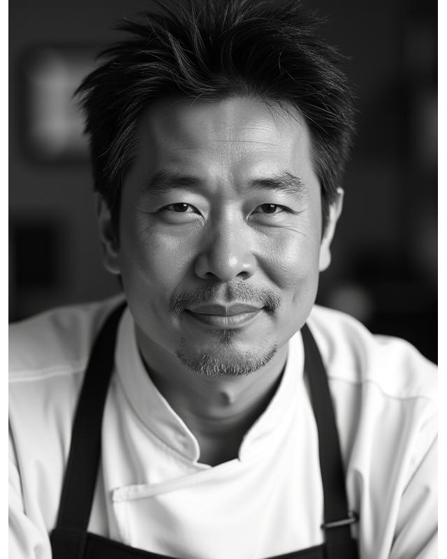 三つ鱗 料理長 黒木健一のモノクロポートレート