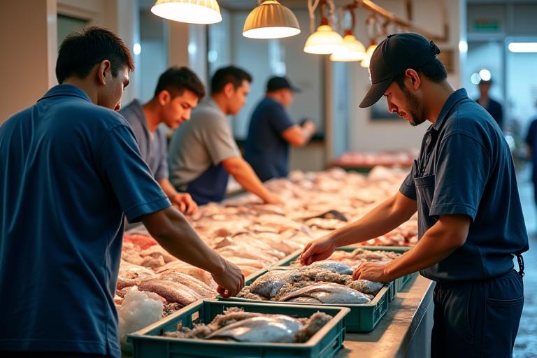 日本の漁港で朝獲れの魚を吟味する漁師たち